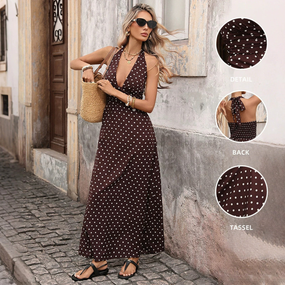 Ladies Vintage Sexy Halter Maxi Dress Summer Slim Fit Deep V Polka Dot